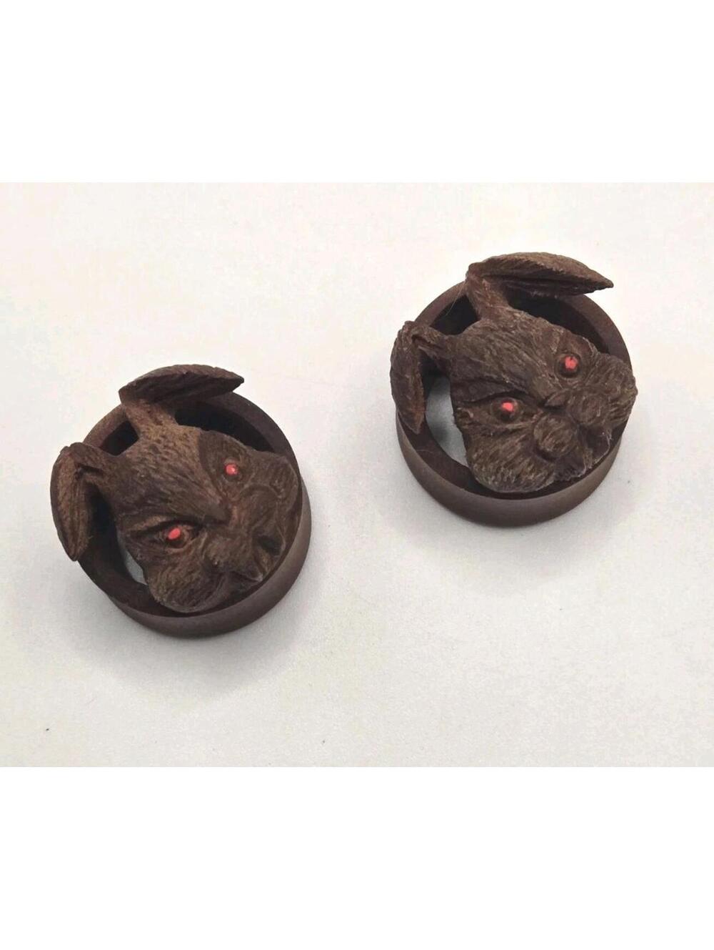 Fluffy Areng Wood Plugs Hand Carved Evil Bunny Ear Gauges Red Eyes 1" 25mm